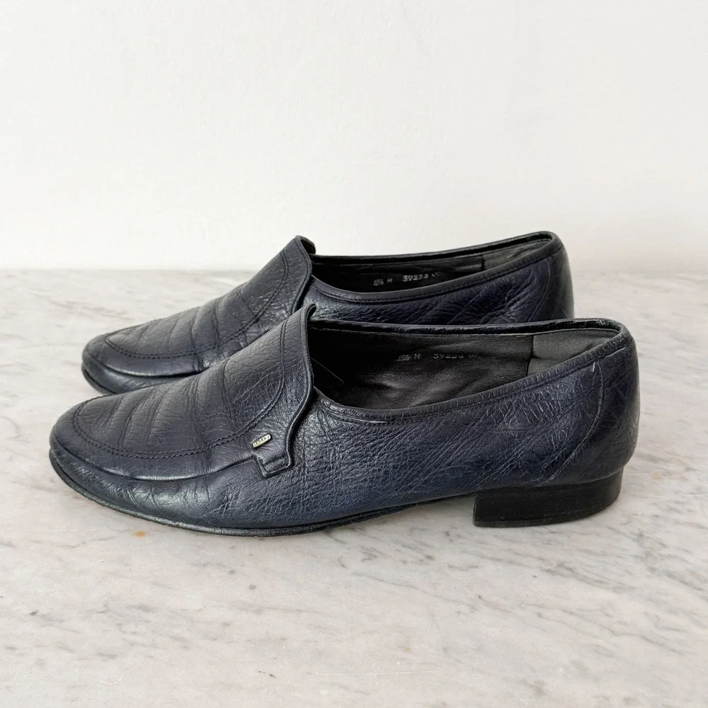 Vintage Bally Caslano 1083 Loafers 8.5 Navy Blue Textured Leather Dress Shoes